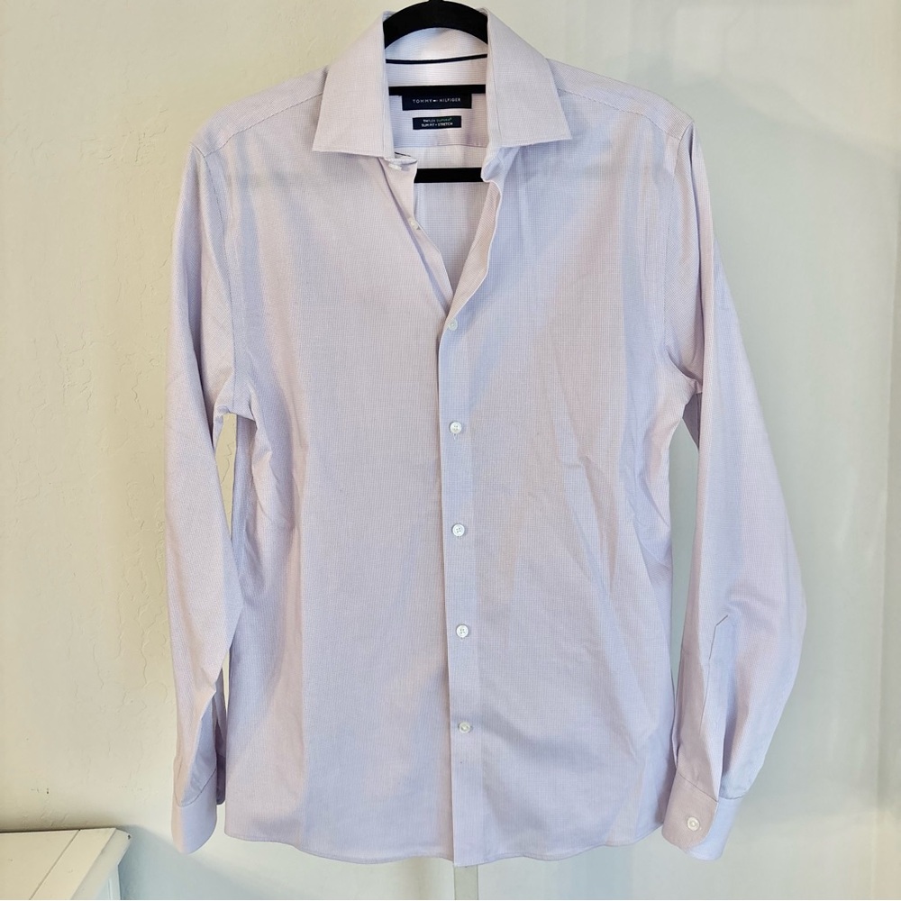 Tommy Hilfiger Men’s THFlex Supima Cotton Pale Pink Button Front, Slim Fit Small